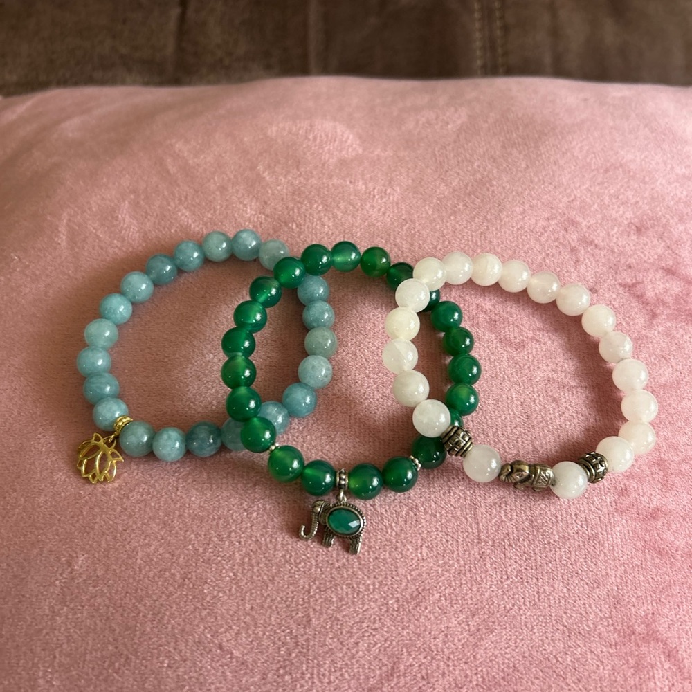 Set of Three Beaded Bracelets - Green, Blue, White